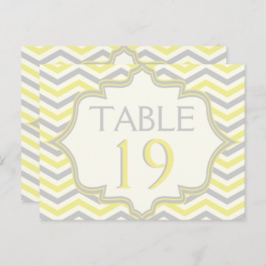 Geel grijs chevron zigzag trouwtafel nummer briefkaart (Voorkant / Achterkant)
