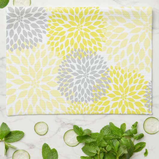 Geel grijs Dahlia Kitchen Tea Towel Theedoek (Gevouwen)