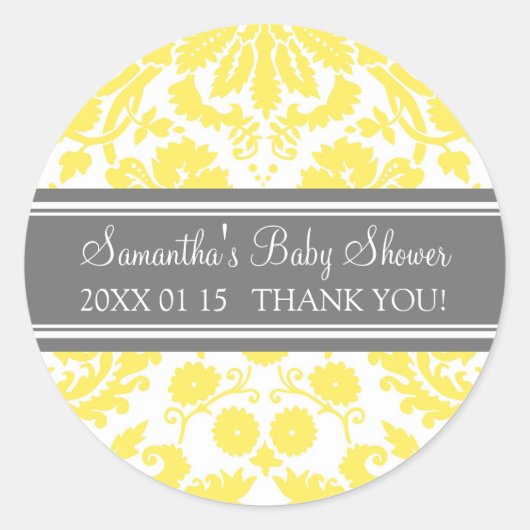 Geel Grijs Damask Baby shower Favor Stickers (Voorkant)