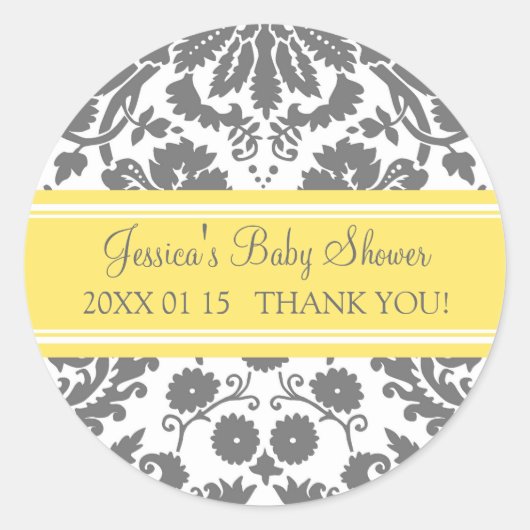 Geel Grijs Damask Baby shower Favor Stickers (Voorkant)