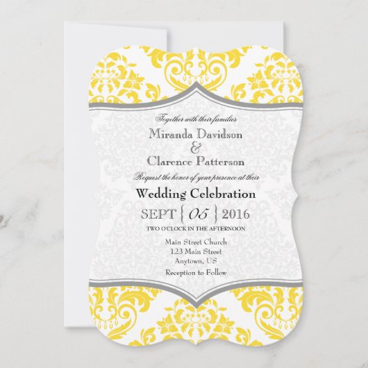 Geel Grijs Damask Bracket Wedding Uitnodigen Kaart (Voorkant)