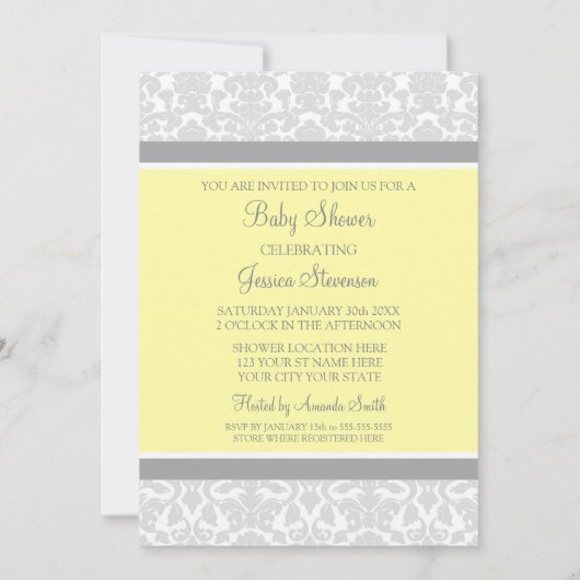 Geel grijs Damask Douane Baby Shower Invitaties Kaart (Achterkant)