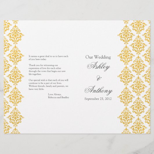 Geel grijs Damask Foldable Wedding Programme (Voorkant)