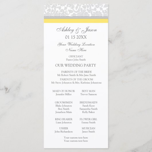 Geel Grijs Damast Foto Trouwprogramma Programmakaart (Achterkant)