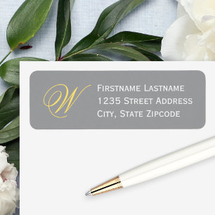 Geel grijs elegant script monogramadres etiket