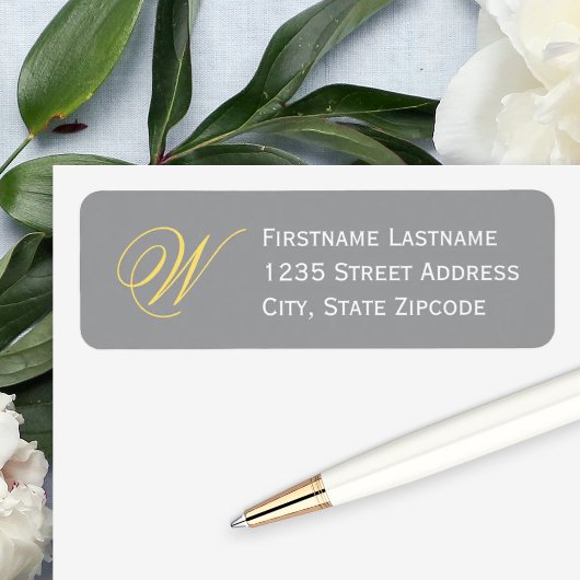 Geel grijs elegant script monogramadres etiket