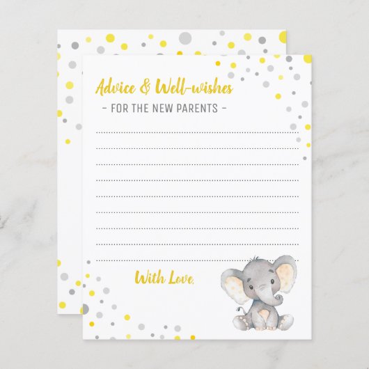 Geel grijs ellephant Shower Ouders Advice Kaarten (Voorkant / Achterkant)