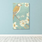 Geel, grijs en beige vogel op een bijkantoor canvas afdruk (Insitu (Houten vloer))