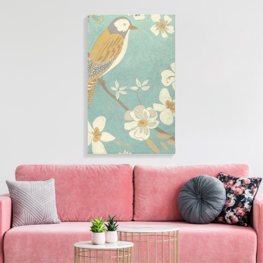 Geel, grijs en beige vogel op een bijkantoor canvas afdruk (Insitu (Woonkamer))