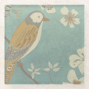 Geel, grijs en beige vogel op een bijkantoor glazen onderzetter