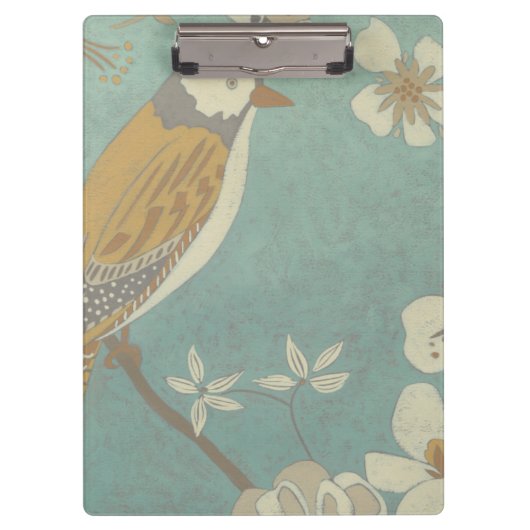 Geel, grijs en beige vogel op een bijkantoor klembord (Voorkant)