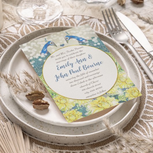 Geel Grijs en Blauw Vintage Pauw Huwelijk Kaart