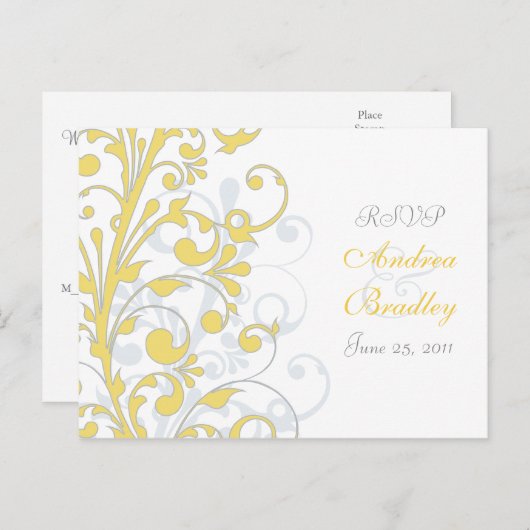 Geel, grijs en wit Bloemen RSVP Briefkaart (Voorkant / Achterkant)
