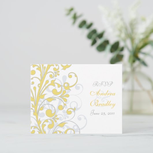 Geel, grijs en wit Bloemen RSVP Briefkaart (Staand voorkant)