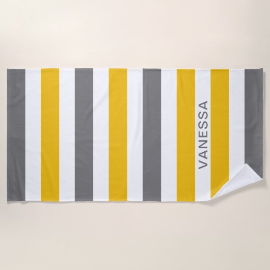 Geel, grijs en wit, gestreept strandlaken (Voorkant)