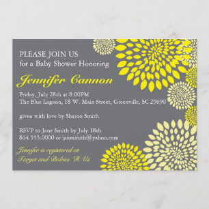 Geel grijs Floral Moderne Baby Shower Invitations Kaart