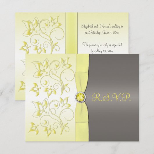 Geel, grijs, Floral RSVP-kaart, AFGEDRUKT RSVP Kaartje (Voorkant / Achterkant)