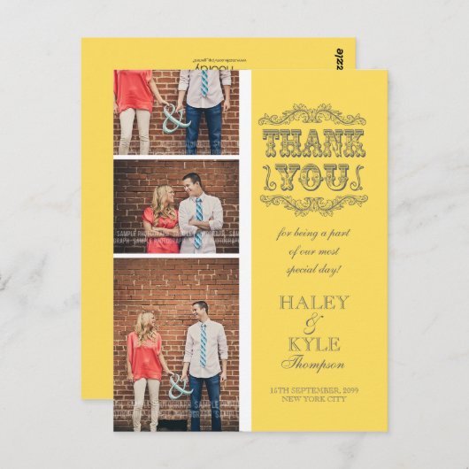 Geel & Grijs Foto bruiloft Dank u Post Kaart (Voorkant / Achterkant)