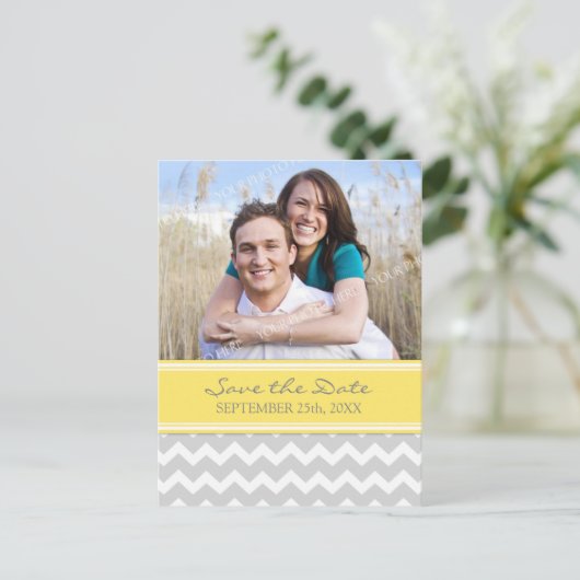 Geel Grijs Foto Sla de datum bruiloft Briefkaarten (Staand voorkant)