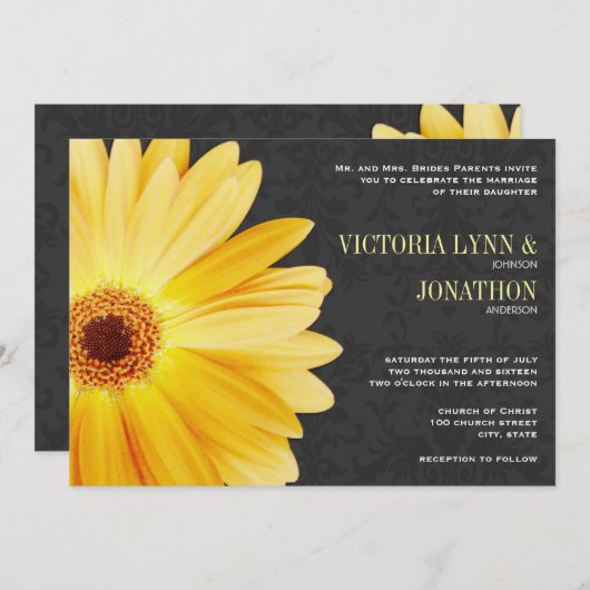 Geel grijs Gerber Daisy  Damask Wedding Kaart (Voorkant / Achterkant)