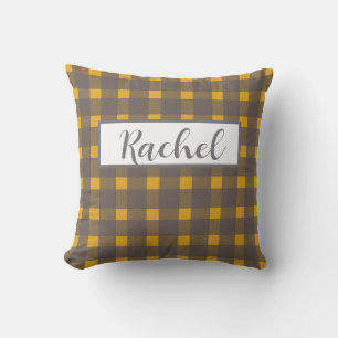 Geel grijs Gingham, gepersonaliseerd Kussen