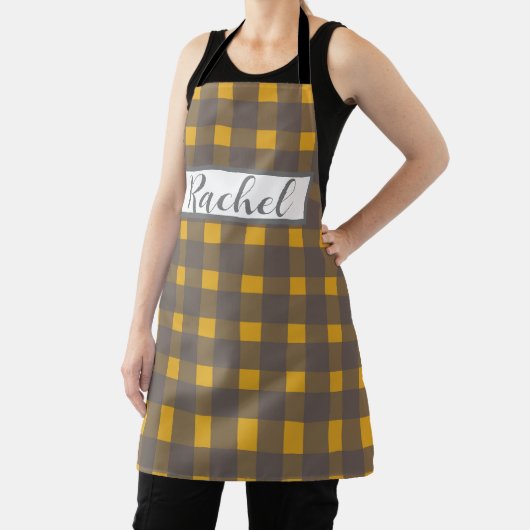 Geel grijs Gingham, gepersonaliseerd Schort (Insitu)