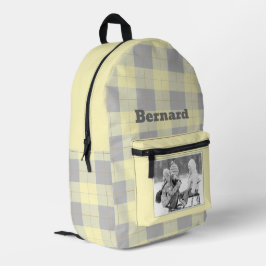Geel Grijs Gingham Schotland Patroon Naam en Foto Bedrukte Rugzak