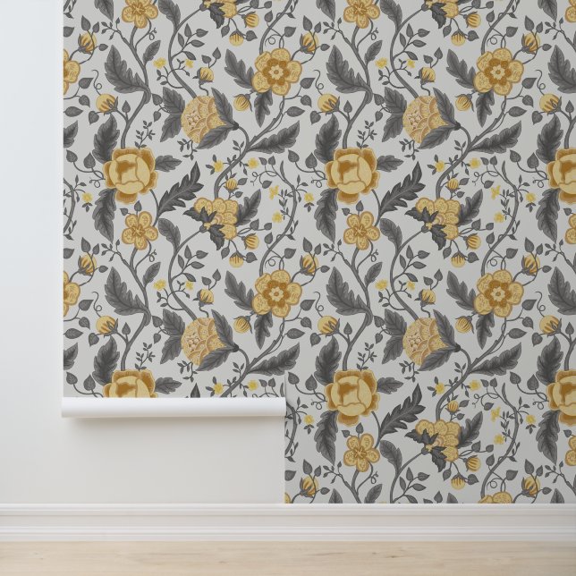 Geel & Grijs Jacobean Bloempatroon Behang (Applicatie)