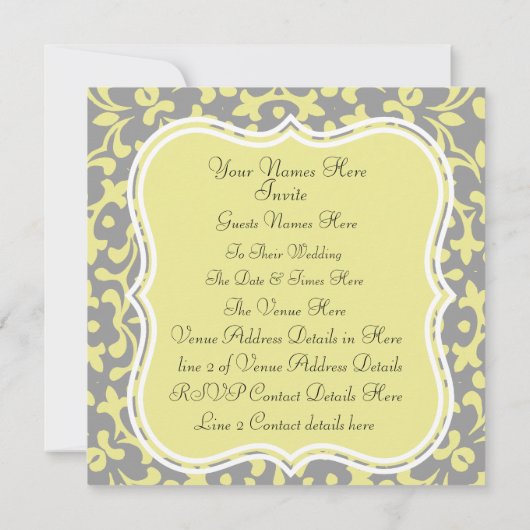 Geel Grijs Lace Wedding Invitations Kaart (Achterkant)