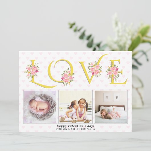 Geel, grijs LOVE typografie foto Valentijnsdag Feestdagenkaart (Staand voorkant)