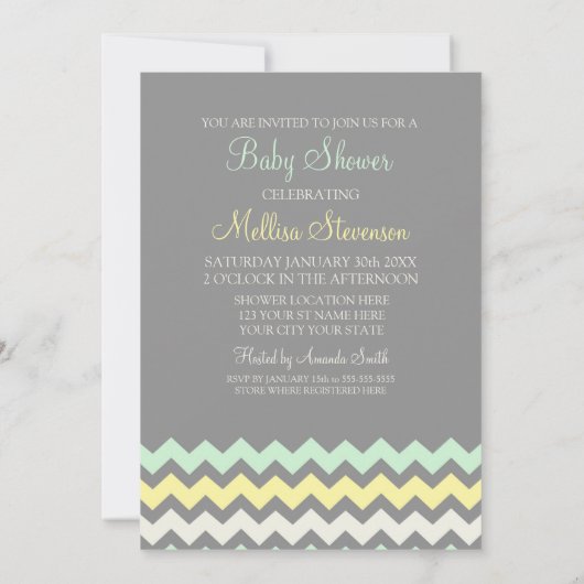 Geel grijs Mint Chevron Baby Shower Invitaties Kaart (Achterkant)