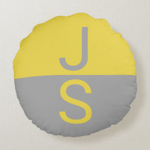 Geel & Grijs Modern Beginletters Monogram Rond Kussen