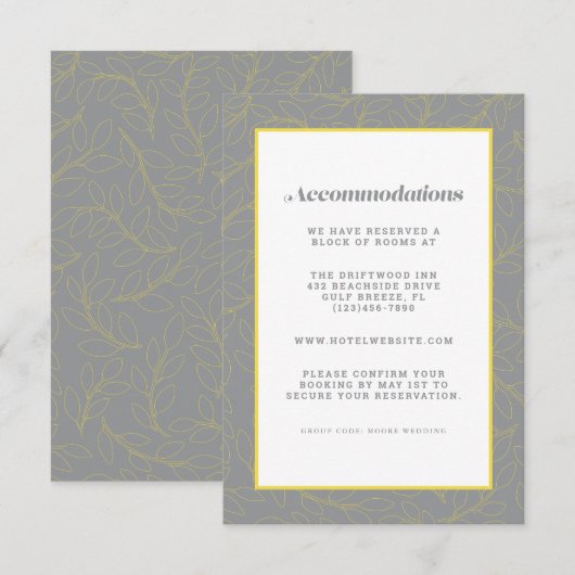 Geel & Grijs Modern Bruiloft Accommodatie Detail Informatiekaartje (Voorkant / Achterkant)
