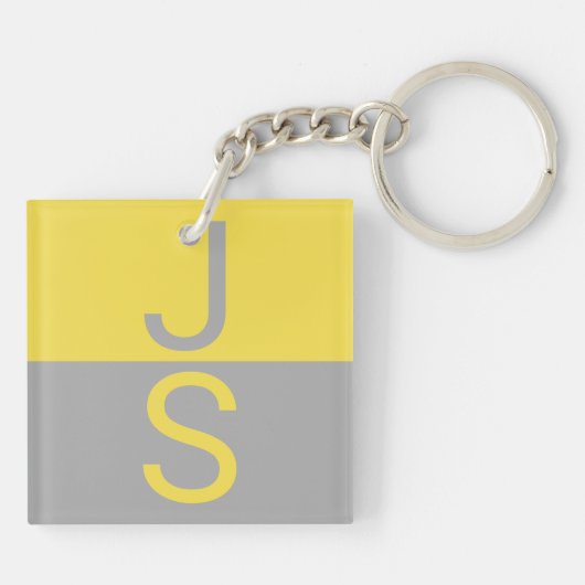 Geel & Grijs Modern Initialen Monogram Sleutelhanger (Achterkant)