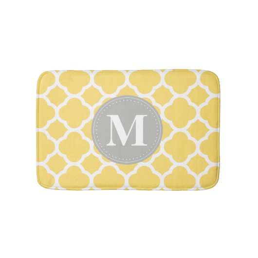 Geel grijs monogram Quatrefoil Patroon Badmat (Voorkant)