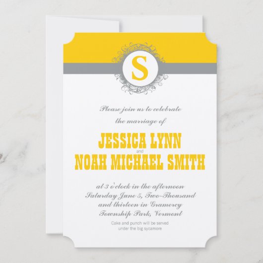 Geel Grijs Monogram Weddenschap Uitnodiging of eni (Voorkant)