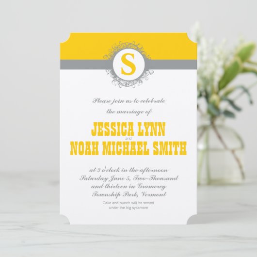 Geel Grijs Monogram Weddenschap Uitnodiging of eni (Staand voorkant)