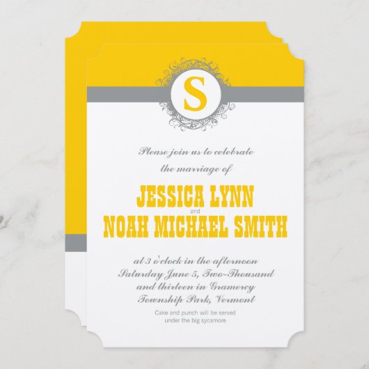 Geel Grijs Monogram Weddenschap Uitnodiging of eni (Voorkant / Achterkant)