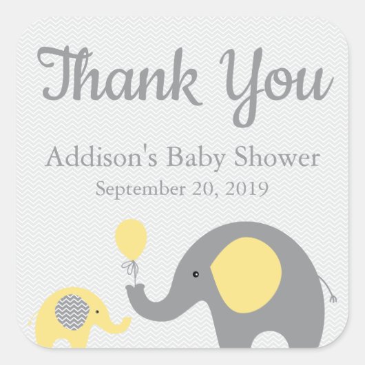 Geel Grijs Olifant Baby shower Stickers, Vierkant Vierkante Sticker (Voorkant)