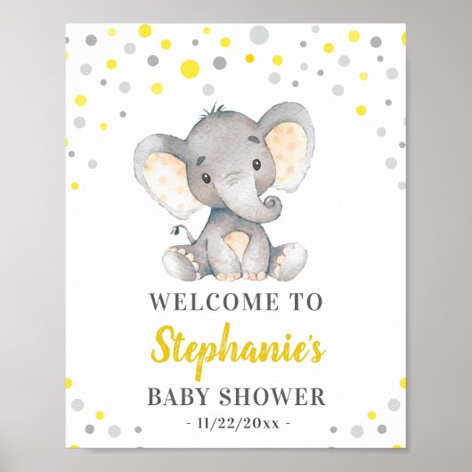 Geel grijs olifant Polka Dot Baby shower Welkom Poster (Voorkant)