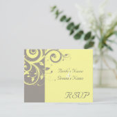 Geel, grijs omgekeerde spiraal bruiloft bijpassend RSVP kaartje (Staand voorkant)