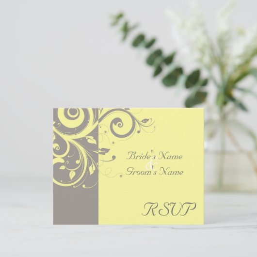 Geel, grijs omgekeerde spiraal bruiloft bijpassend RSVP kaartje (Staand voorkant)