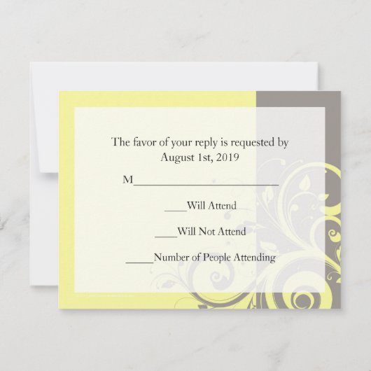 Geel, grijs omgekeerde spiraal bruiloft bijpassend RSVP kaartje (Achterkant)