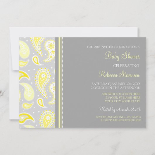 Geel grijs Paisley Custom Baby Shower Invitaties Kaart (Achterkant)