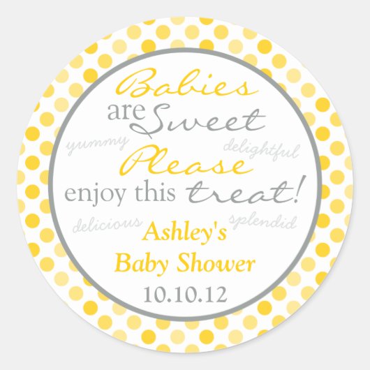 Geel Grijs Polka Dot Snoep Buffet Baby shower Ronde Sticker (Voorkant)