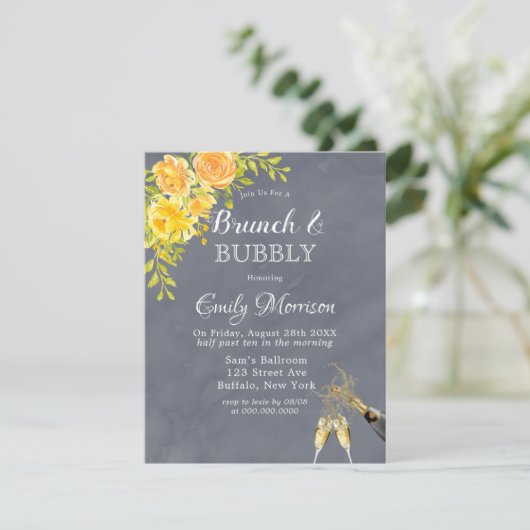 Geel grijs Roos Peony Champagne Brunch & Bubble Kaart (Staand voorkant)