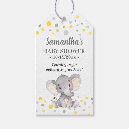 Geel Grijs Stippen Olifant Baby shower Gast Favor Cadeaulabel (Voorkant)