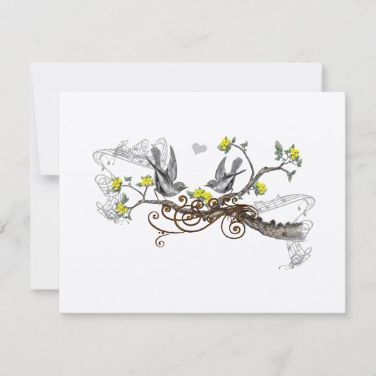 Geel & Grijs  Tortelduifjes Bruiloft RSVP (Voorkant)