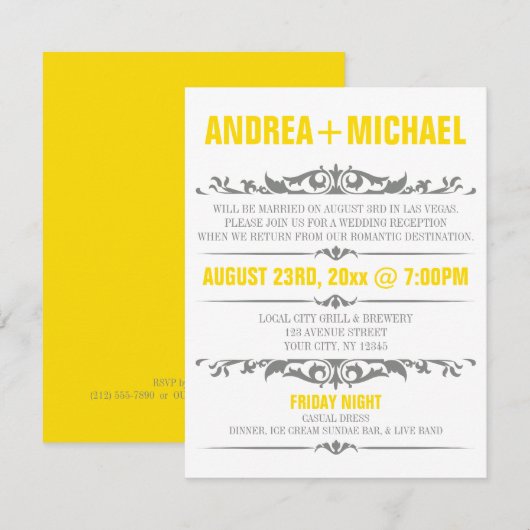 Geel & Grijs Trouwreceptie UITSLUITEND Uitnodiging (Voorkant / Achterkant)