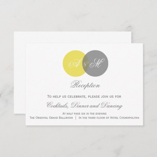 Geel & Grijs Tweeling Monogram Trouwreceptiekaart Informatiekaartje (Voorkant / Achterkant)